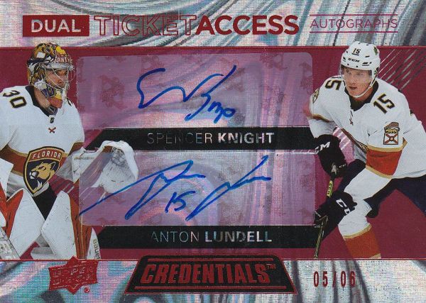 AUTO RC karta KNIGHT/LUNDELL 21-22 Credentials Dual Ticket Access Autographs Red /06